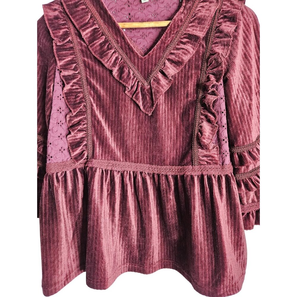 POL Ruffled Velvety Boho Eyelet Ribbed Babydoll Deep Burgundy Top Women S - Picture 6 of 7